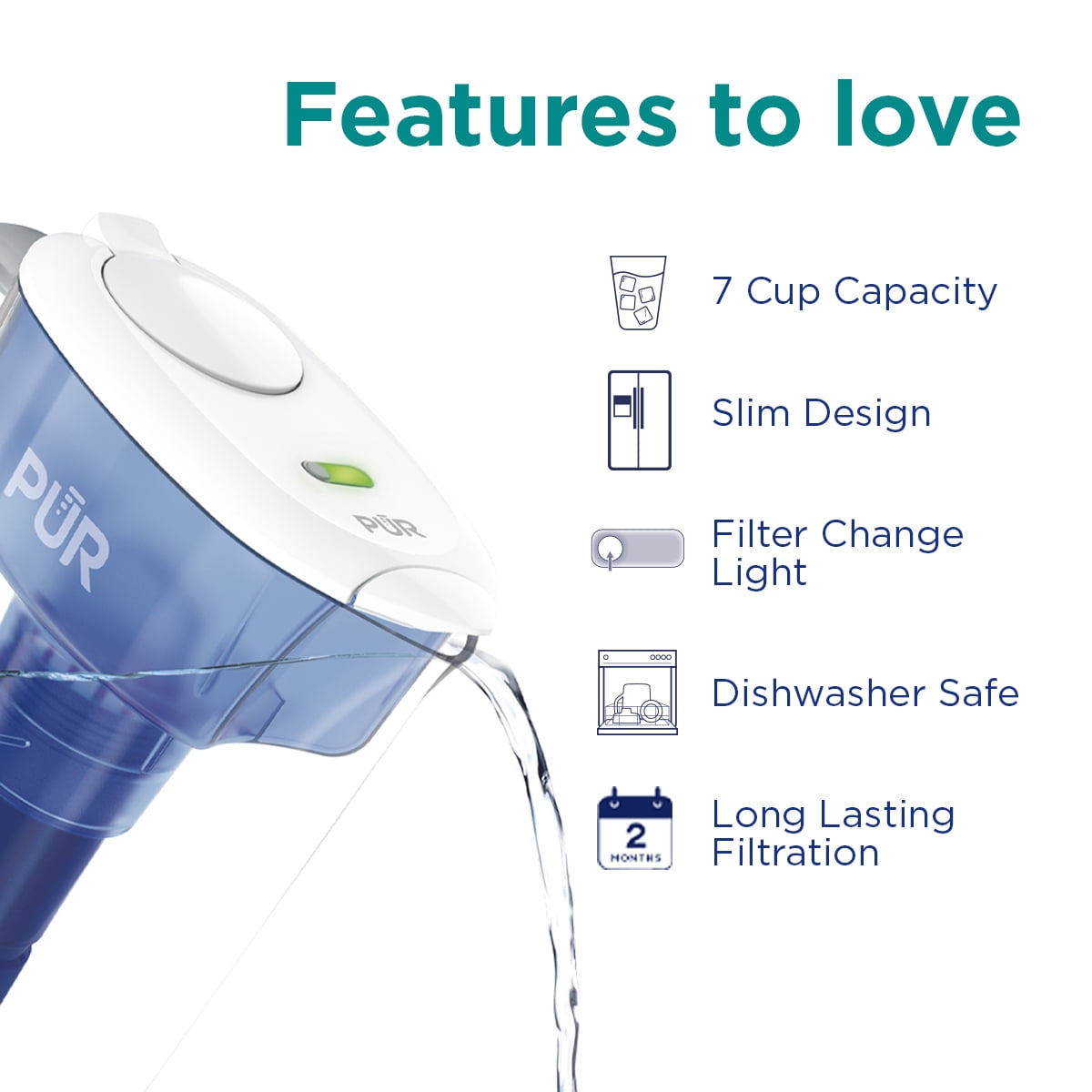 PUR 7 Cup Water Pitcher Filtration System, W 9.6" x H 10.1" x L 4.5", Blue, PPT710WA