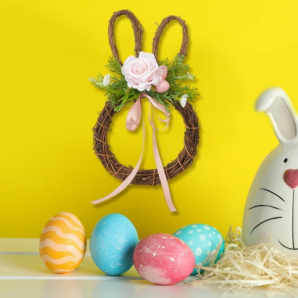 pstuiky Adorno de Pascua con forma de conejito y huevo de Pascua lazo de imitación de ratán corona redonda decoración para exteriores hogar y mesa.
