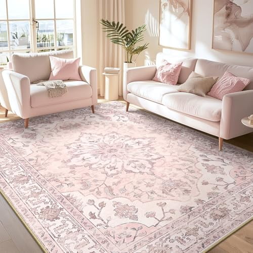 EverBrioly Vintage Floral Medallion Area Rug 4'x6', Washable Non-Slip Distressed Print Carpet in Pink Grey Cute Design for Living Room Bedroom Dining Room