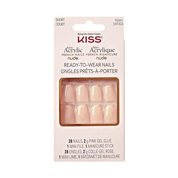 KISS Salon Acrylique - Manucure Française Nude - Ongles Prêts-à-Porter - Rythmes Chics - Squoval - Très Court