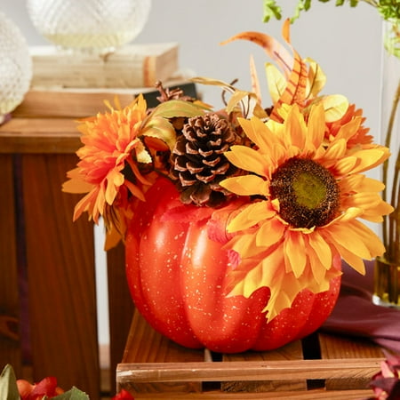 Fall Arrangements With Pumpkins Northlight Seasonal Autumn Harvest Artificial Pumpkin with Sunflowers Floral Arrangement and centerpiece in Pot ()