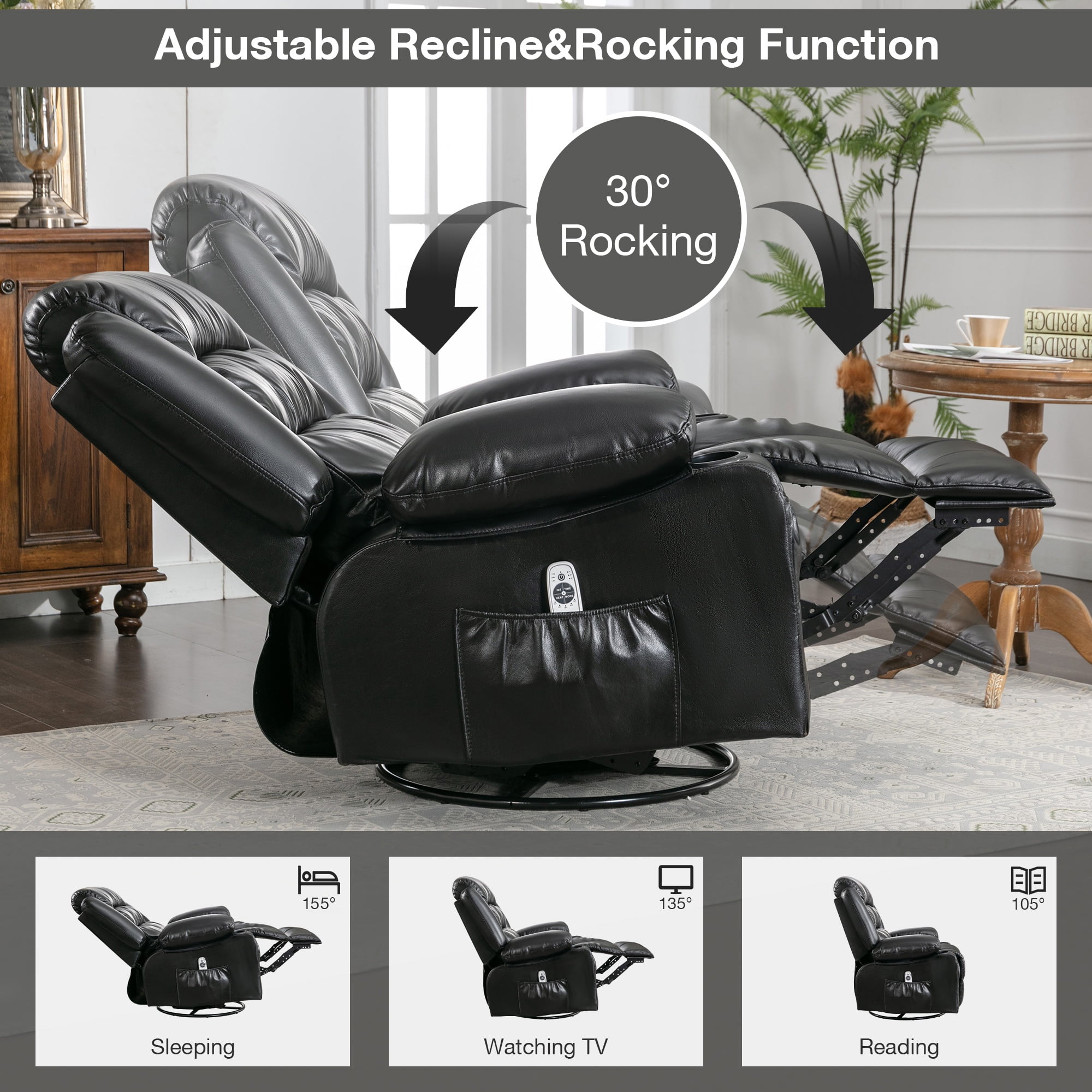 Manual Rocker Recliners, 360° Swivel Recliner Chair for Living Room, PU Leather Swivel Rocker Recliner with Massage and Heat, Home Theater Rocking Recliner with Cup Holder, Black