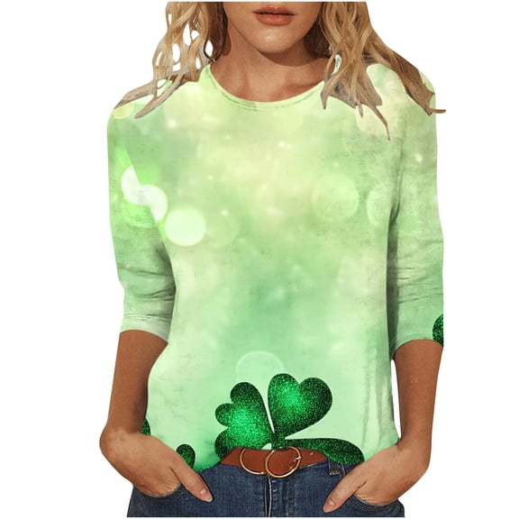 miqiqism Womens 3/4 Length Sleeve Tshirts St Patrick's Day Pullovver Tops Round Neck Tunic Shirts Funny Shamrock Top Outfit,#01_Green,Large