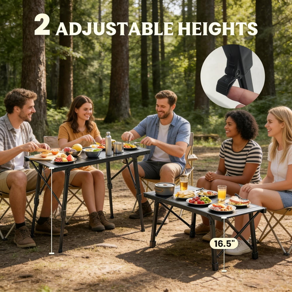 Folding Aluminum Camping Table 220 LBS Weight Capacity 2-Height Adjustable 16.5" to 25.2" Portable Outdoor Table with Removable Slats Anti-Slip Feet for Camping Picnic BBQ