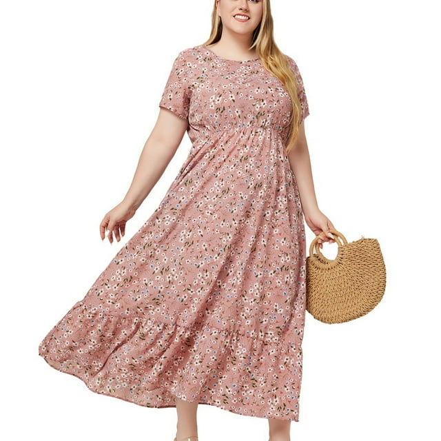Mefallenssiah Femmes Oversize Été à la Mode Col Rond à Manches Courtes Imprimé Poche Robe Décontractée