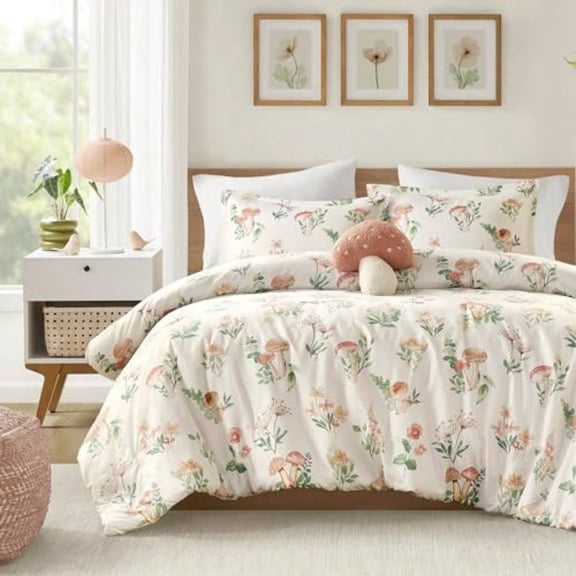 Queen Comforter Set Whimsical Floral Mushroom Cottage Design Microfiber Lightweight All Seasons Down Alternative Bedding Sham Decor Pillow Gwen Full/Queen Green 4 Piece