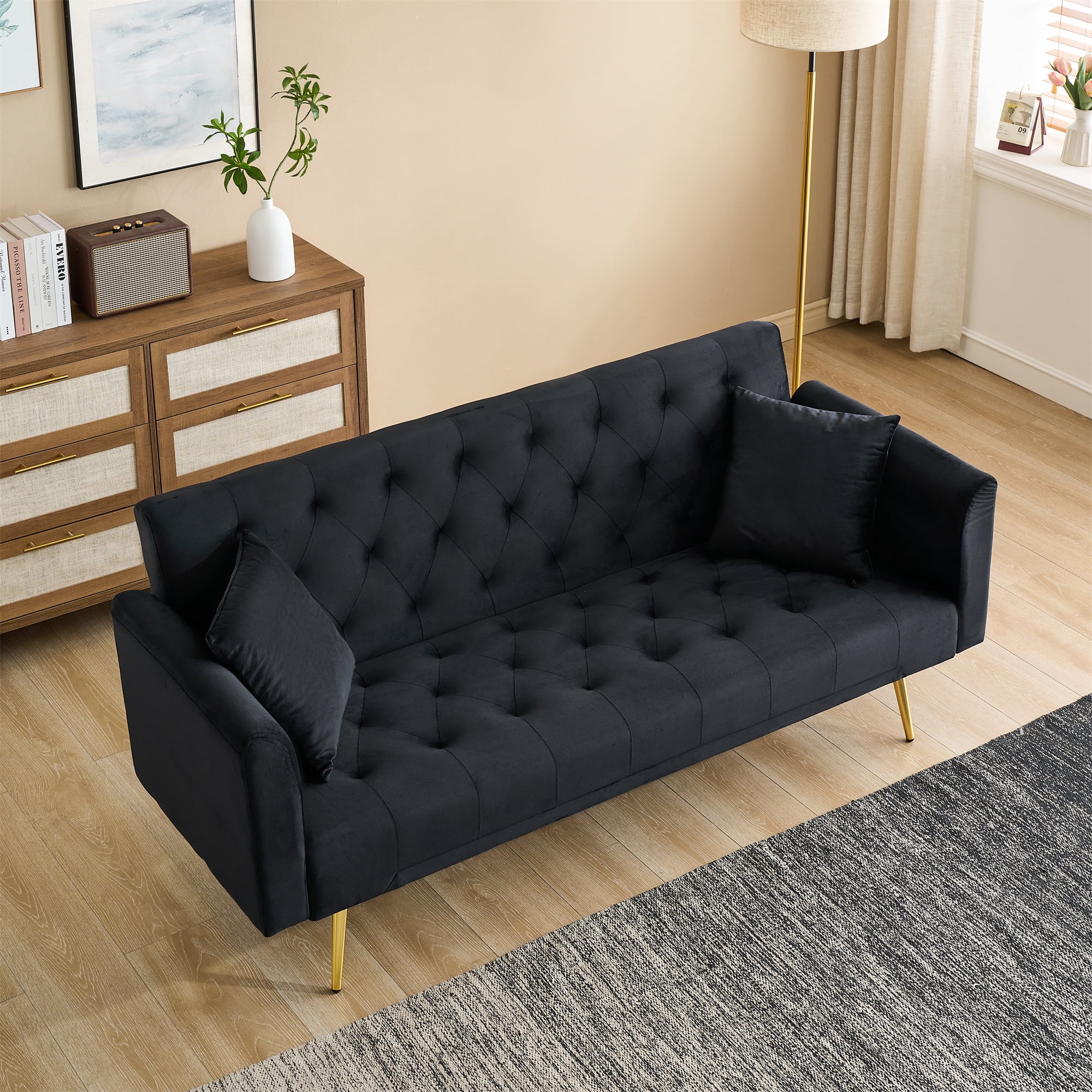 Aukfa Curved Arm Futon Convertible Sofa Bed for Home Office, 2 Pillows, Tufted Back, Velvet, Black