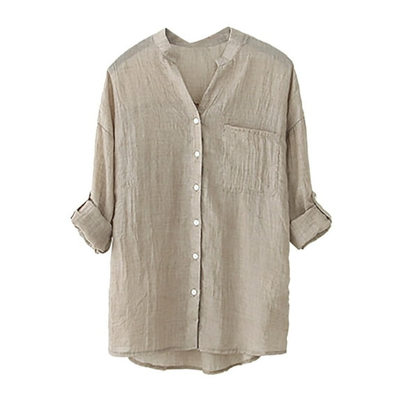Jxximdong Button Up Shirts Women Women's Shirt Sun Loose Thin Three Quarter Sleeve Cotton And Linen Top With Stand Collar Beige Spring Tops L