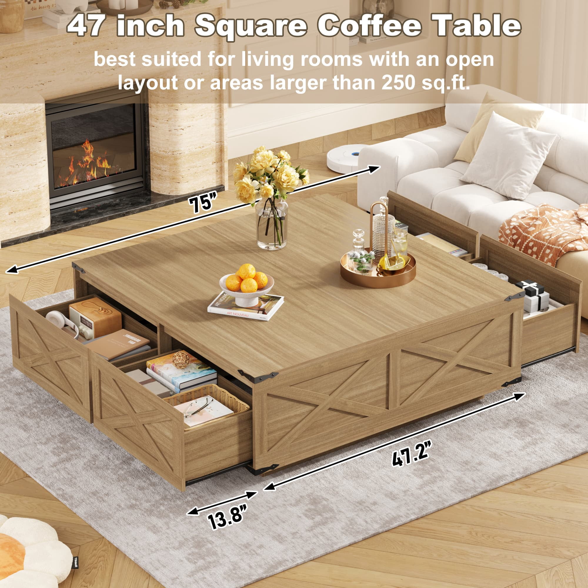 47" Farmhouse Square Coffee Table with 4 Storage Drawers, Rustic Wood Center Table for Large Living Room & Sectional Sofa, Modern Floating Base Design