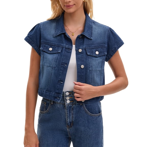 INSPIRE CHIC Women's Denim Jacket Cap Sleeve Cropped Button Down with Pockets Classic Jean Jackets M Dark Blue