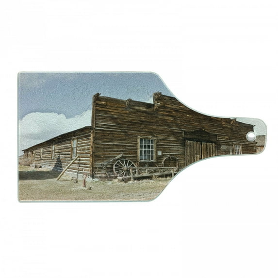 Barn Wood Wagon Wheel Cutting Board, Abandoned Mercantile with Wagon Wheels Ghost Town, Decorative Tempered Glass Cutting and Serving Board, Wine Bottle Shape, Sand Brown Pale Blue, by Ambesonne