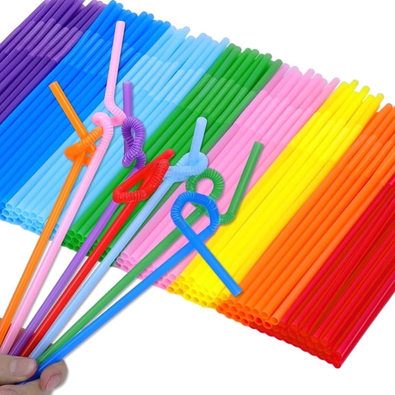10.2x0.2In Colorful Disposable Bendy Straws,100Pcs Plastic Disposable Colorful Drinking Straws,QZS Flexible Bendy Party Decorations for Christmas