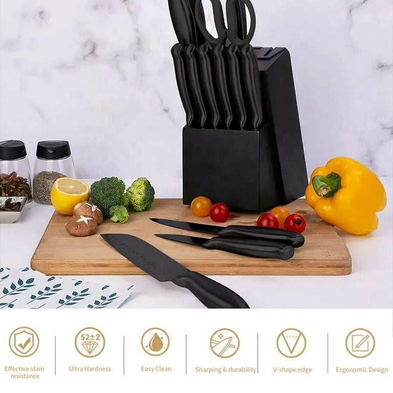ANTINIVES Black Knife Block Sets, 14 Pcs German Stainless Steel Knife Sets for Kitchen with Block, Kitchen Knife Sets with Built-in Sharpener