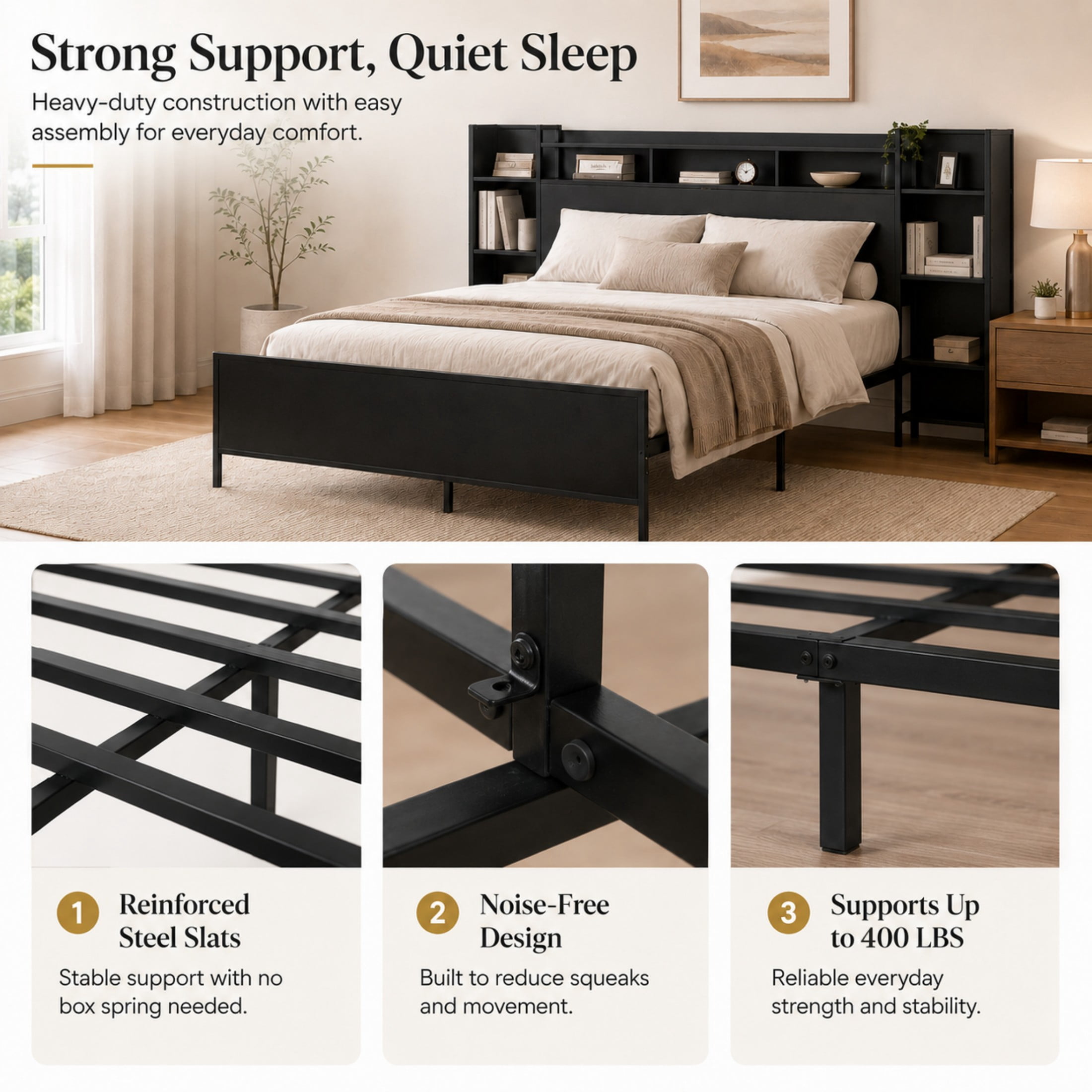 Aukfa Full Bed Frame with Storage Headboard, USB Charging Station & LED Lights, Heavy Duty Metal Platform Bed with Outlets, No Box Spring Needed, Black