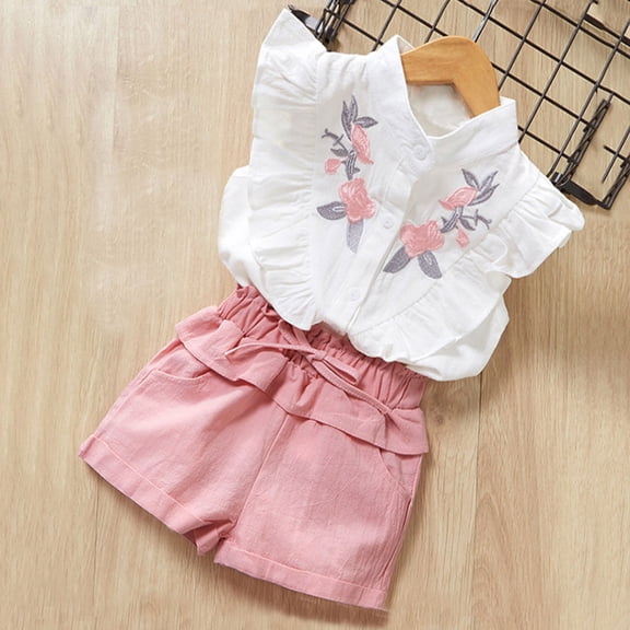 Angala 2 Piece Outfits For Girls Stand Neck Short Sleeve Floral Embroidered Ruffle Sleeve Tops With Shorts Set Girls Autumn Daily Wear Clothes