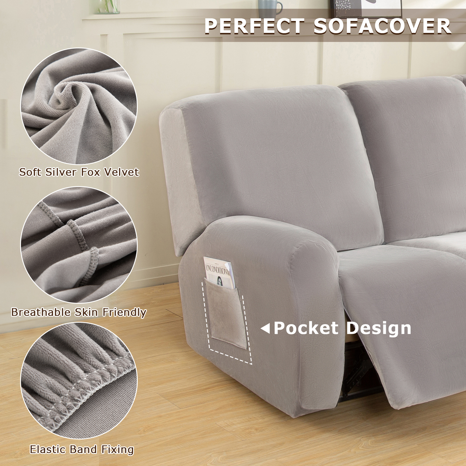 8-piece Recliner Cover with Pockets, Stretch Recliner Chair Slipcover Velvet Plush Fabric Couch Furniture Covers, Silver Gray - image 3 of 9