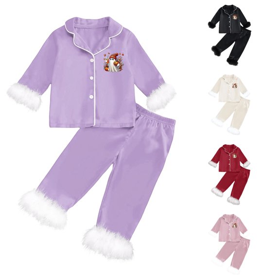 Krdevn Kids Beanie Ghost Halloween Pajama Set Long Sleeve Lapel Button Top and Pants Black Fluff Sleepwear 2 Piece Pjs 2-3 Years,Dark Purple