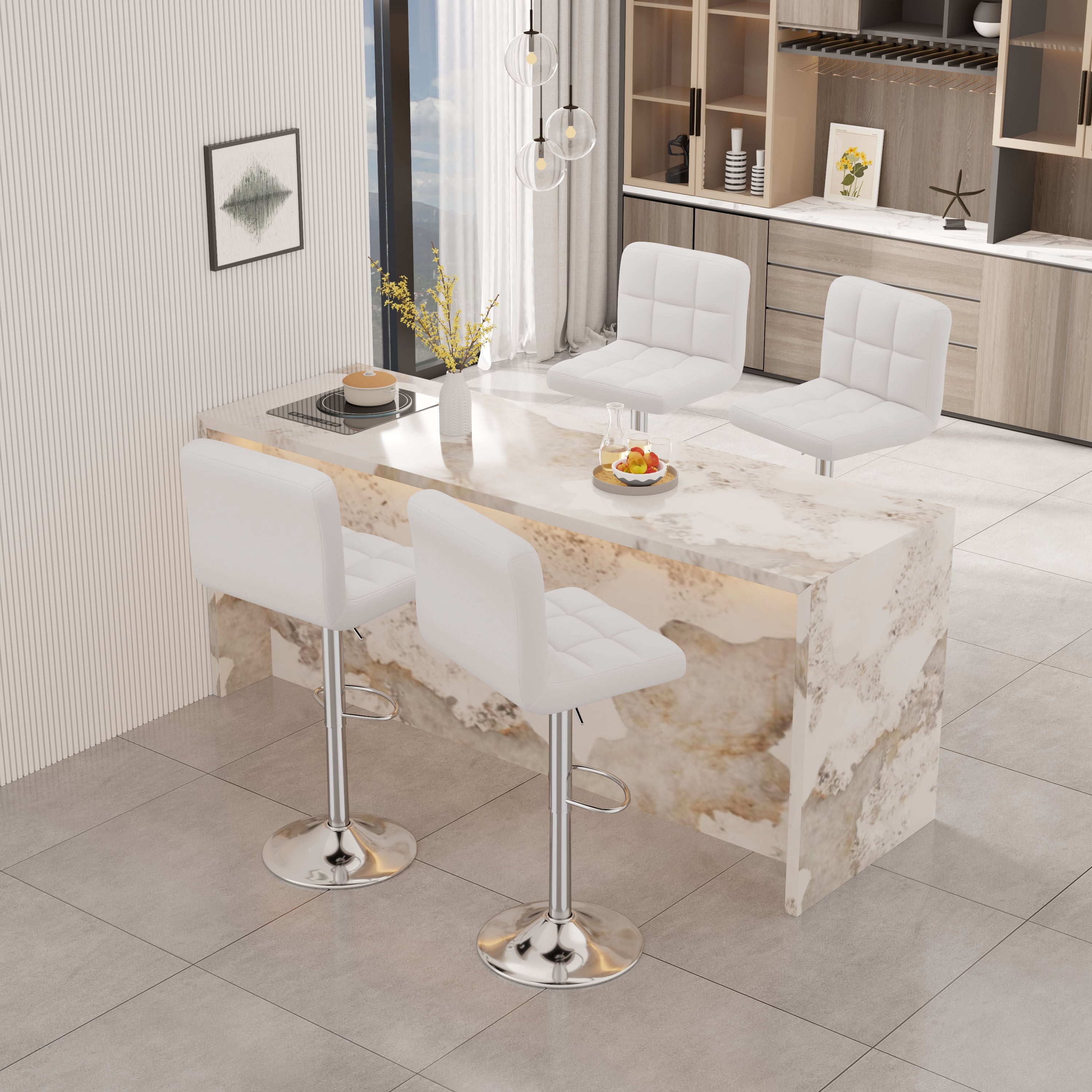 Hawsaiy Modern Adjustable Swivel Bar Stools Set of 2, PU Leather Bar Chairs with Footrest, White