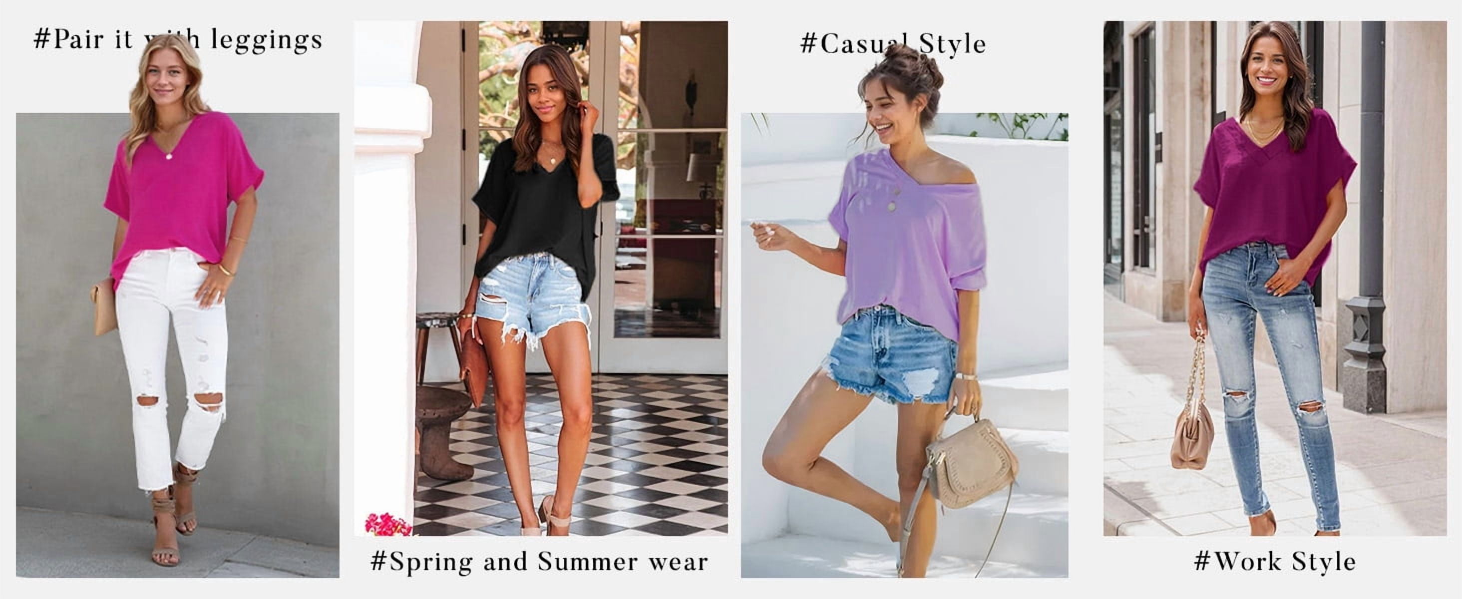 MOSHU Deep V Neck Womens Tops Curved Hem Shirts for Women Fashion Trendy Blouses Casual Loose Fit Tees Tops