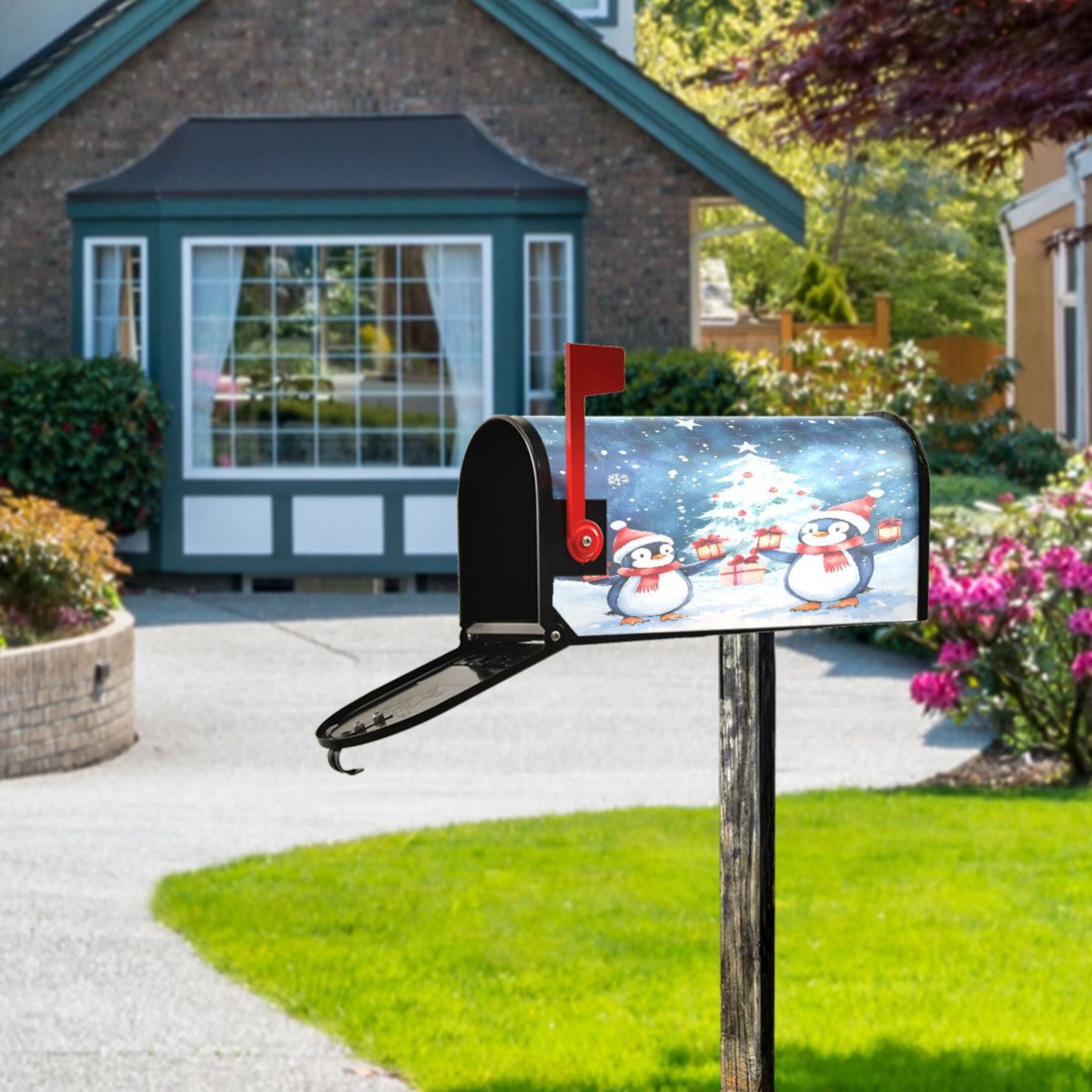 Mailbox Covers Magnetic Large Size 25.4x20.78 in Mailbox Wraps Post for Garden Yard Decor Two Cute Penguins