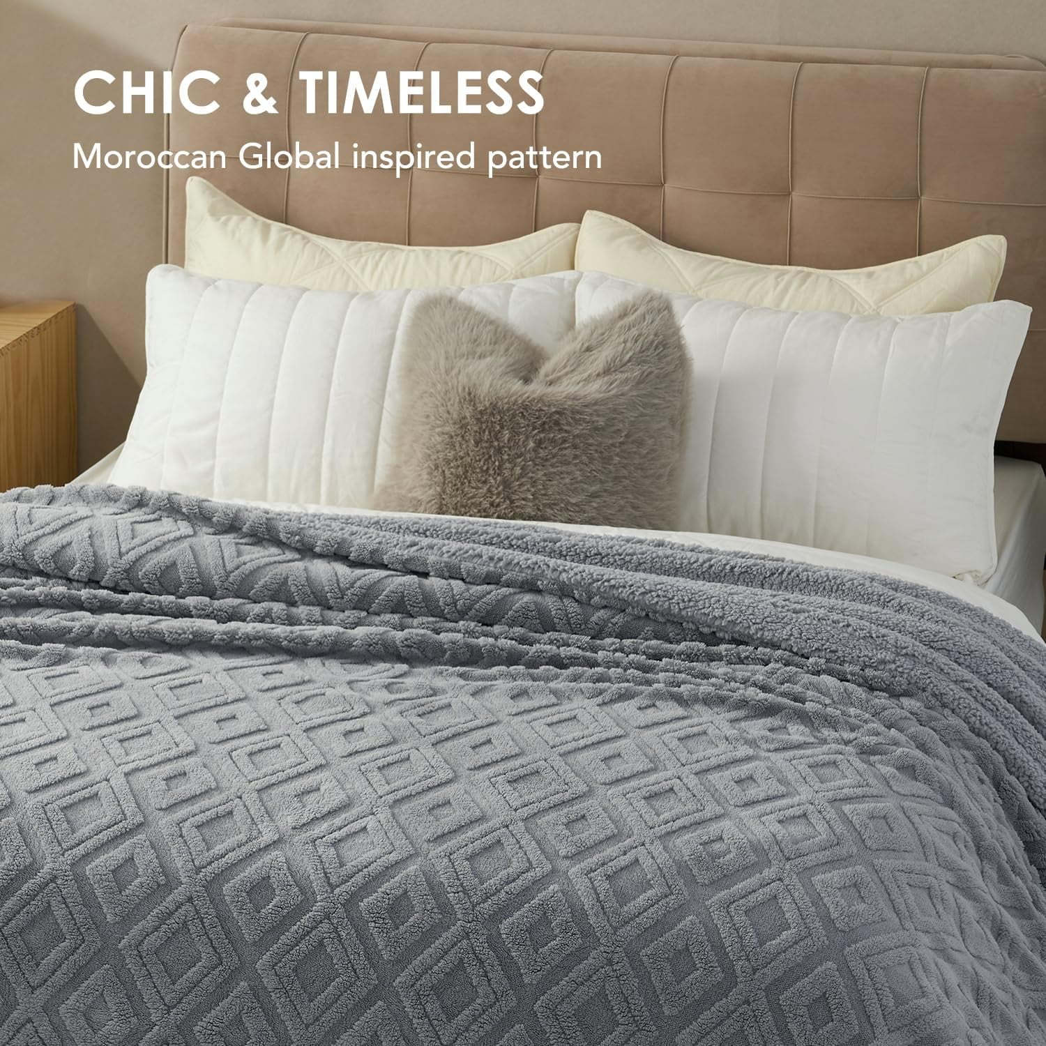 EVERGRACE Jacquard Boho Sherpa Fleece Throw Blanket for Couch, Super Soft Cozy Fuzzy Plush Blankets for Winter, Reversible Thick Warm Blanket for Bed, Sofa, Living Room, Grey, 90'' x 90''