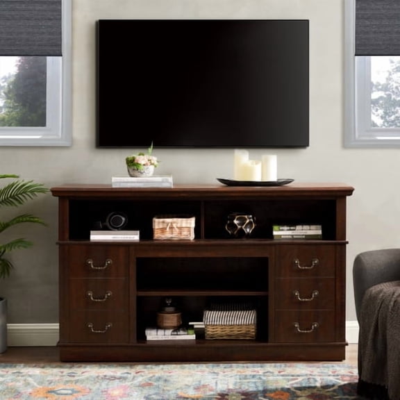 Nmkwnr Entertainment Center for TVs up to 65", TV Console Table with Shelf, Wood TV Stand for Living Room, Office, Dark Brown