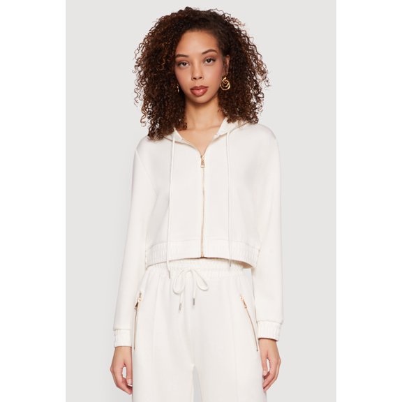 Women's Cropped Long Sleeve Zip Front Drawstring Hoodie