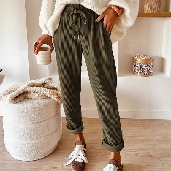 Petite Corduroy Pants for Women - Elastic High Waisted Straight Leg Palazzo Pant Casual Loose Comfy Fall Trousers Army Green M