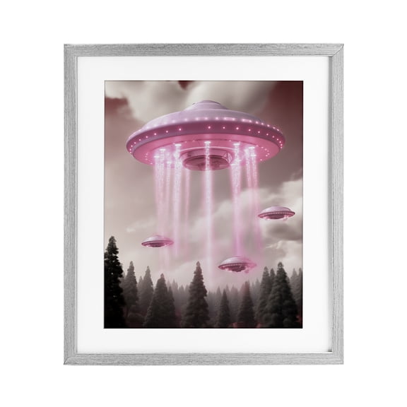 Glam UFO with Pink Beams Gray Framed Print Under Glass, design by Sasha