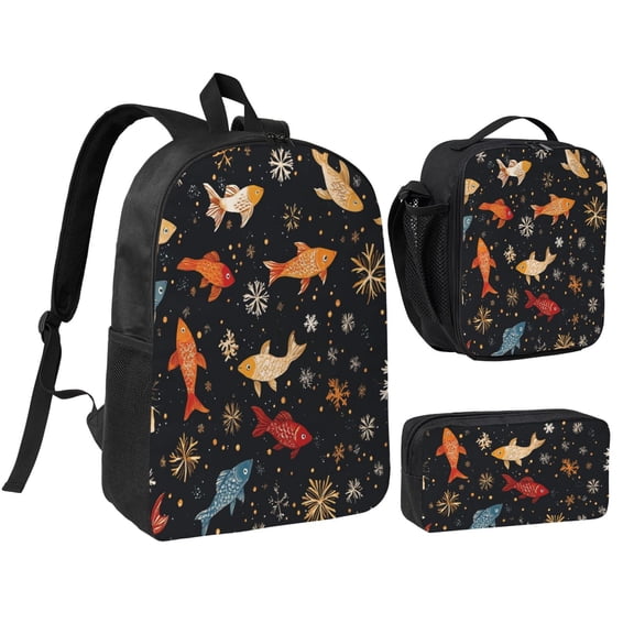 FishPattern Backpack 17 Inch Set with Lunch Bag and CaseDurableTravel Bag Combo for Work Commuting Daily Use