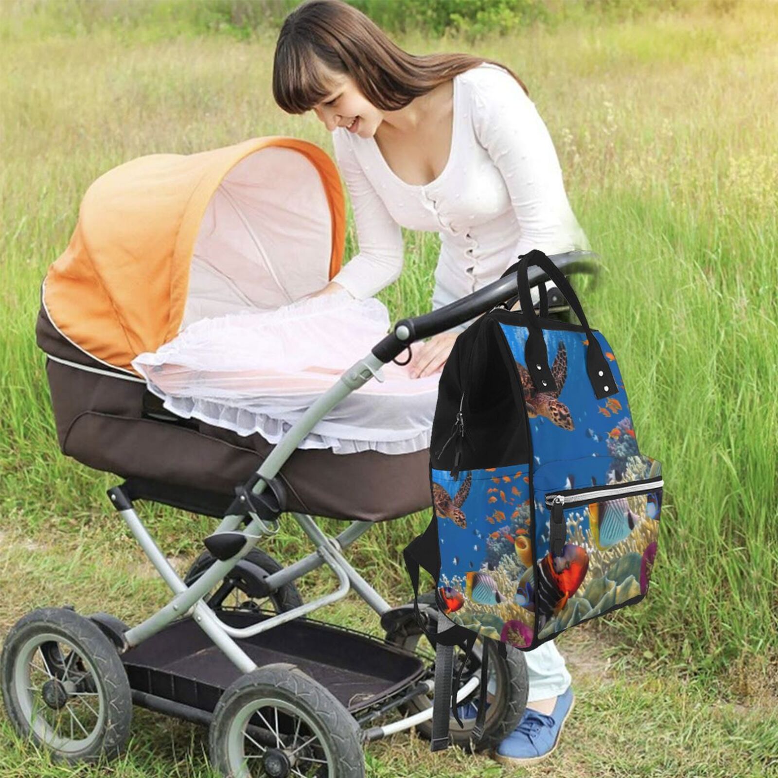Ratiio Colorful Coral Reef Mummy Backpack - Waterproof Twill Canvas, Large Capacity Diaper Bag with Multiple Pockets and Adjustable Straps