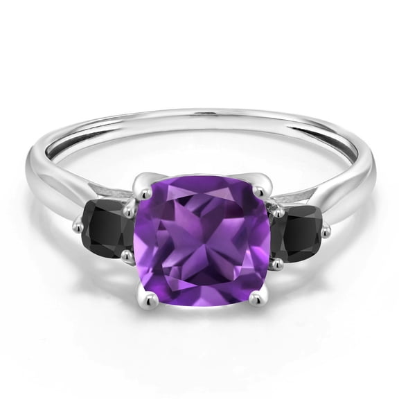 Gem Stone King 10K White Gold Purple Amethyst and Black Onyx 3 Stone Engagement Ring for Women (1.66 Cttw, Cushion 7MM, Gemstone February Birthstone, Size 6)