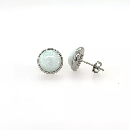 4mm 14K White Gold Bezel Set Opal Stud Earrings Women Jewelry