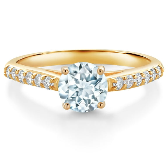 Gem Stone King 10K Yellow Gold Sky Blue Aquamarine and White Lab Grown Diamond Engagement Ring for Women (0.93 Cttw, Gemstone March Birthstone, Round 6MM, Size 7)