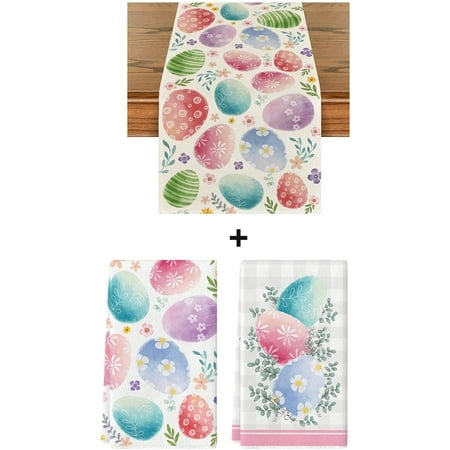 

HYXIZ Buffalo Plaid Eucalyptus Leaves Dish Towels 18x26 Inch 2 pcs and Table Runner 13x72 Inch Watercolour Easter Eggs Kitchen Dining Table Decoration for Outdoor Home Party Decor