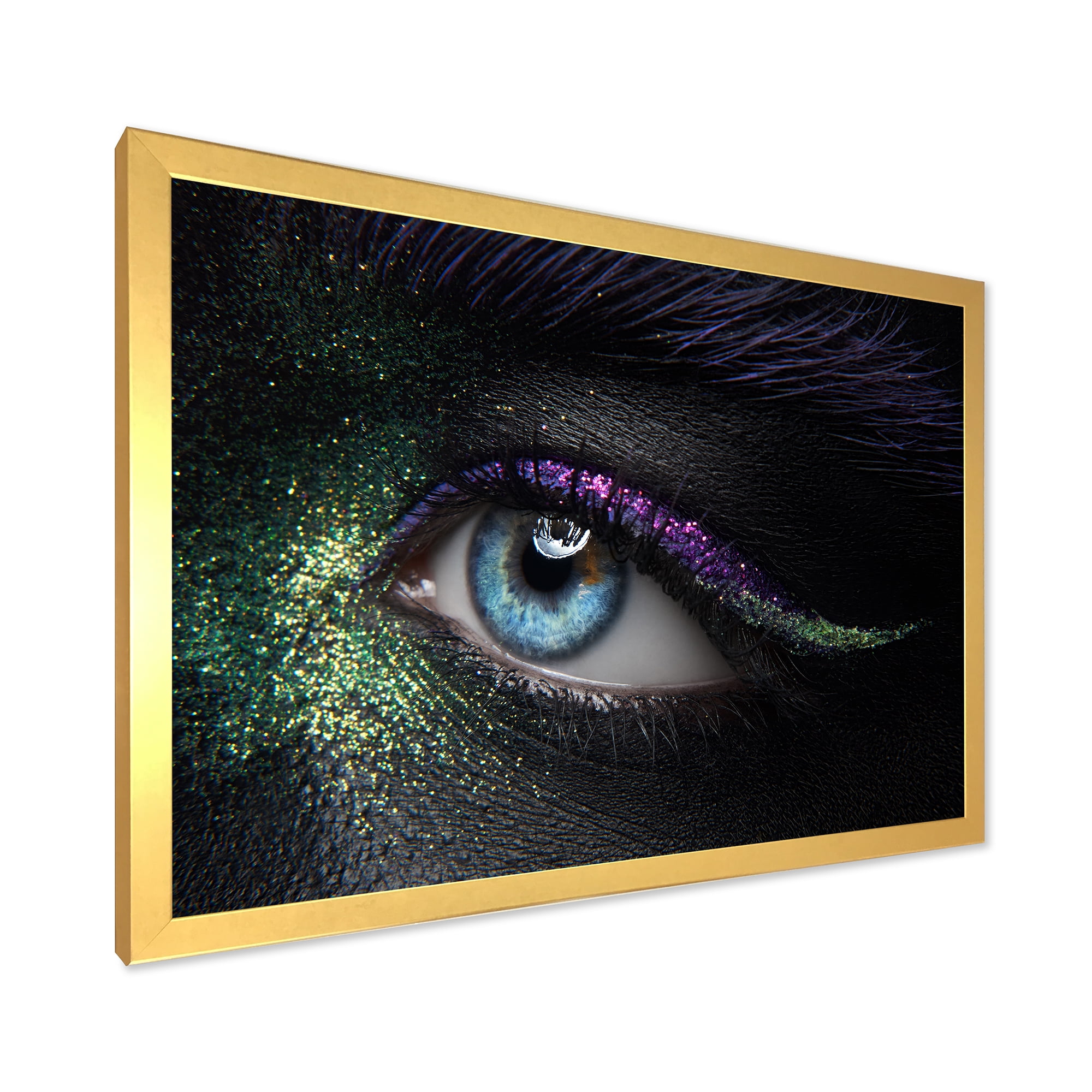 Designart 'Woman Eyes With Green & Purple Pigment & Sparkles' Modern Framed Art Print