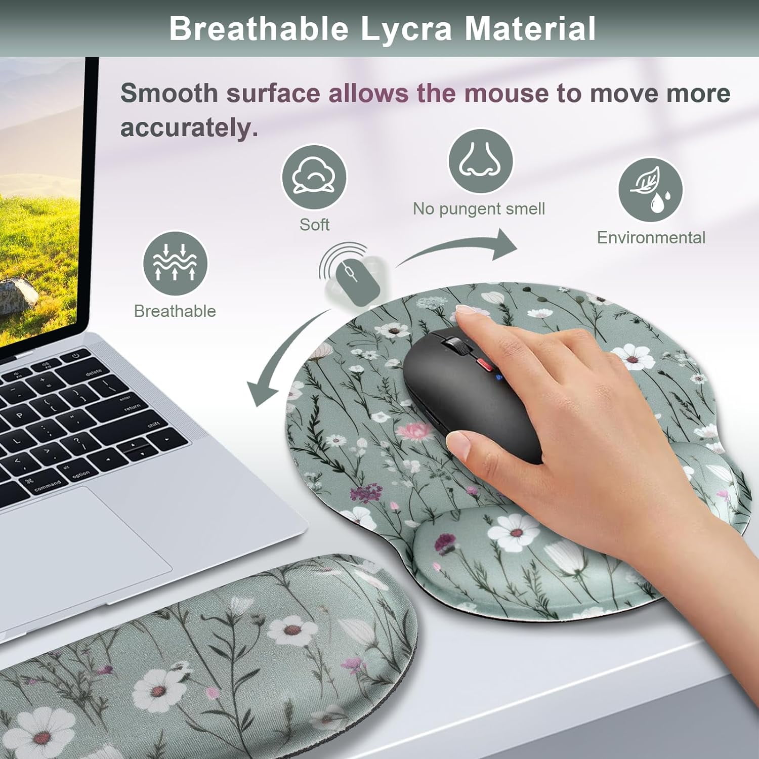Green Floral Mouse Pad with Wrist Rest and Keyboard Wrist Set, Wildflower Ergonomic Memory Foam Mouse Pad Set for Women, Office, Typing, Gaming