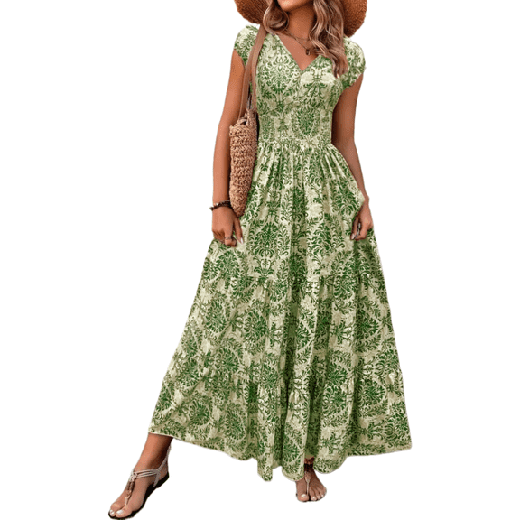 EASYBRA Women Retro Floral Print V Neck Short Sleeve Maxi Dress Elegant Casual A Line Summer Dress