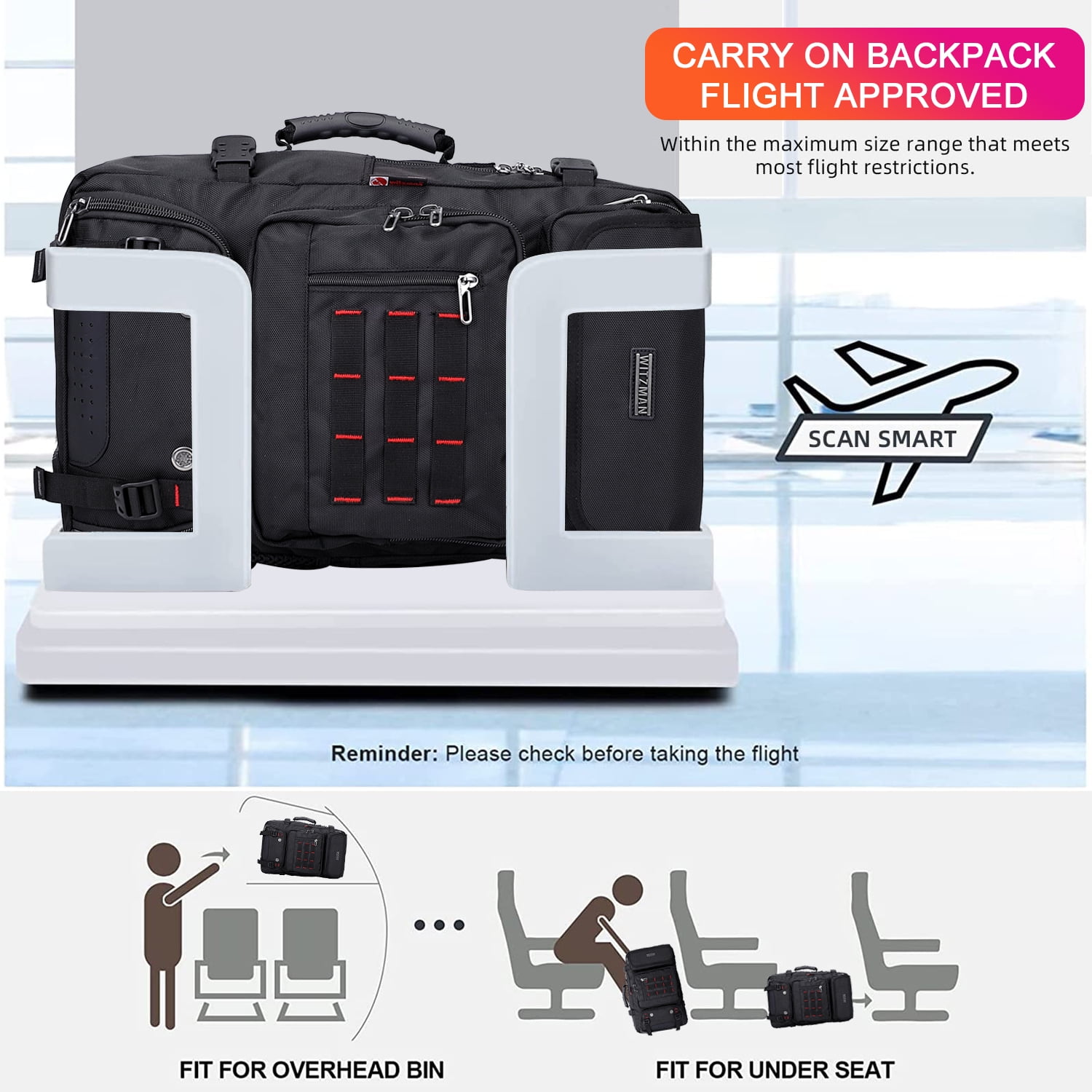 WITZMAN Carry on Travel Backpack for Men Airline Approved Convertible Nylon Duffle Backpack Luggage Bag(B682 Black)
