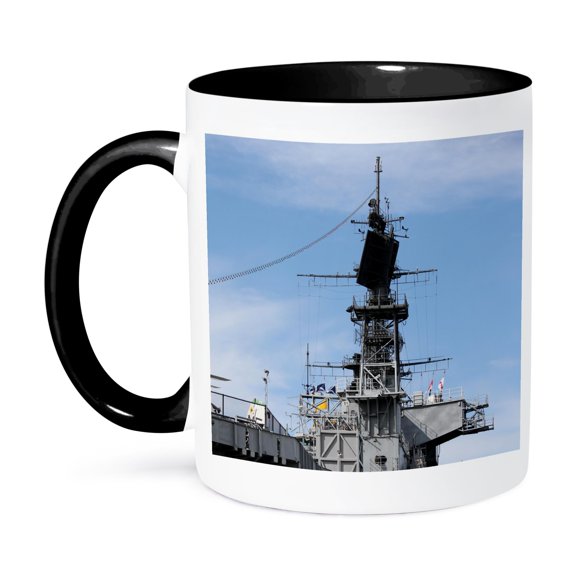 3dRose, Navy Ship - uss, Midway, San Diego, radar, marine, military, vessel, naval, 15oz Two-Tone Black Mug