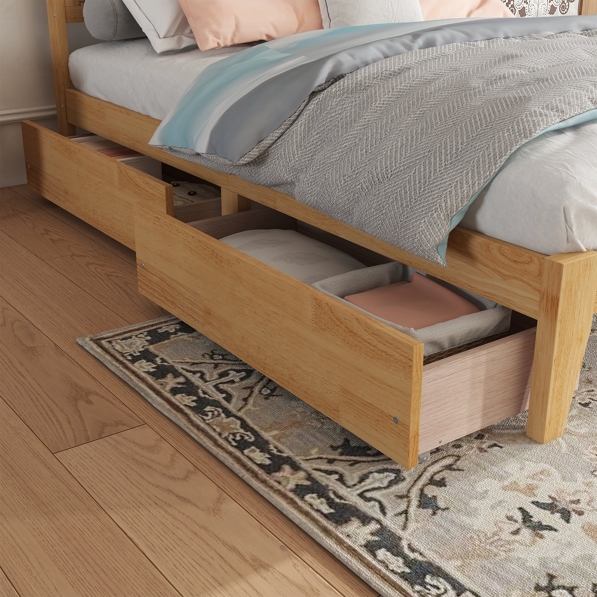 Miniyam Full Size Bed with Rattan Headboard, Storage Drawers for Adult, Oak