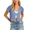 thumbnail image 4 of Women Crochet Shrug Knit Sweater,Spring Summer Beach Short Sleeve Shrug Cropped Boho Lightweight Sweater,Cover Up Tie Front Tops For Evening Dresses Casual Eyelet Shawl Thin Formal Sky Blue L, 4 of 7