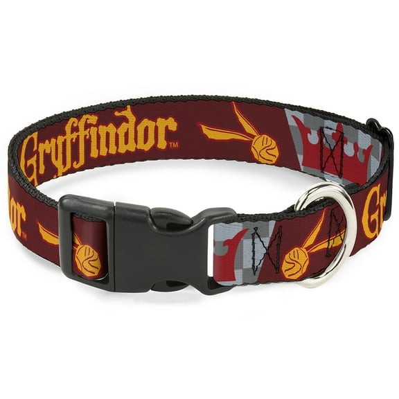 Warner Bros. Pet Collar, Dog Collar Plastic Buckle, Harry Potter Gryffindor Quiditch Ball Crown Red Golds Grays, 7 to 8.5 Inches 0.5 Inch Wide