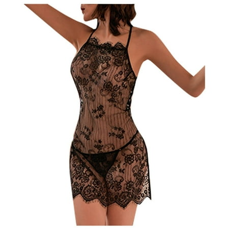 Midwennn Ladies Sexy Lingerie Sexy Lace Water Soluble Pajamas Hot Nightgown Open Cup Lingerie Nightgown with Robe Sexy Lingerie Nightgown Stretchy