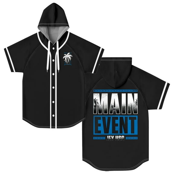 Jey Uso Main Event Hooded Baseball Jersey Tops Short Sleeve Button-up Shirts Women Men Streetwear Tee