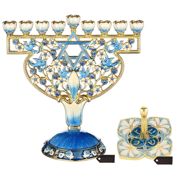 Matashi Hand Painted Enamel Menorah Candelabra w Doves & Flowers Design & Floral Spinning Dreidel Holiday Ornaments (Pewter) w/ Gold Accents & Crystals Jewish Candle Holder Hanukkah Gift Jewish Decor