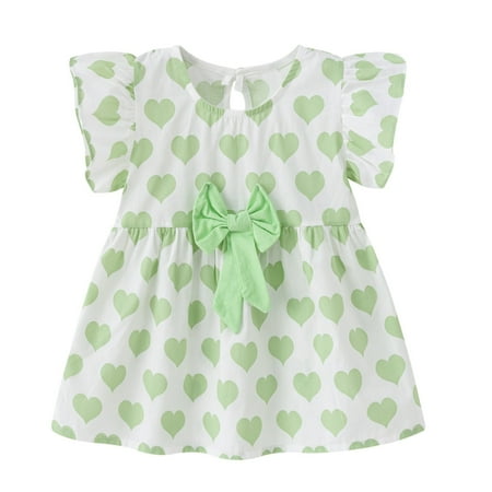 

YWDJ 12 Months-4 Years Girl Dresses Toddler Kids Summer Love Print Dress Bow Princess Dress Green 80