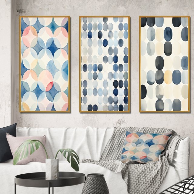 Designart "Circular Retro Watercolor Indigo Secrets V" Modern Geometric Framed Wall Art Set Of 3 - Blue Abstract Frame Canvas Set For Living Room Decor