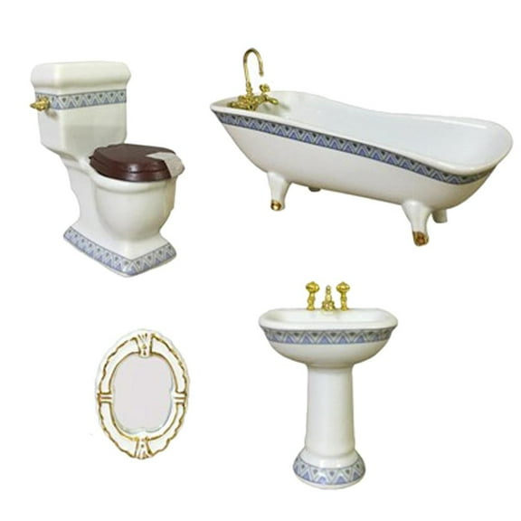 4pieces 1:12 Miniature Dollhouse Bathroom Set - Bathtub Toilet Sink Mirror