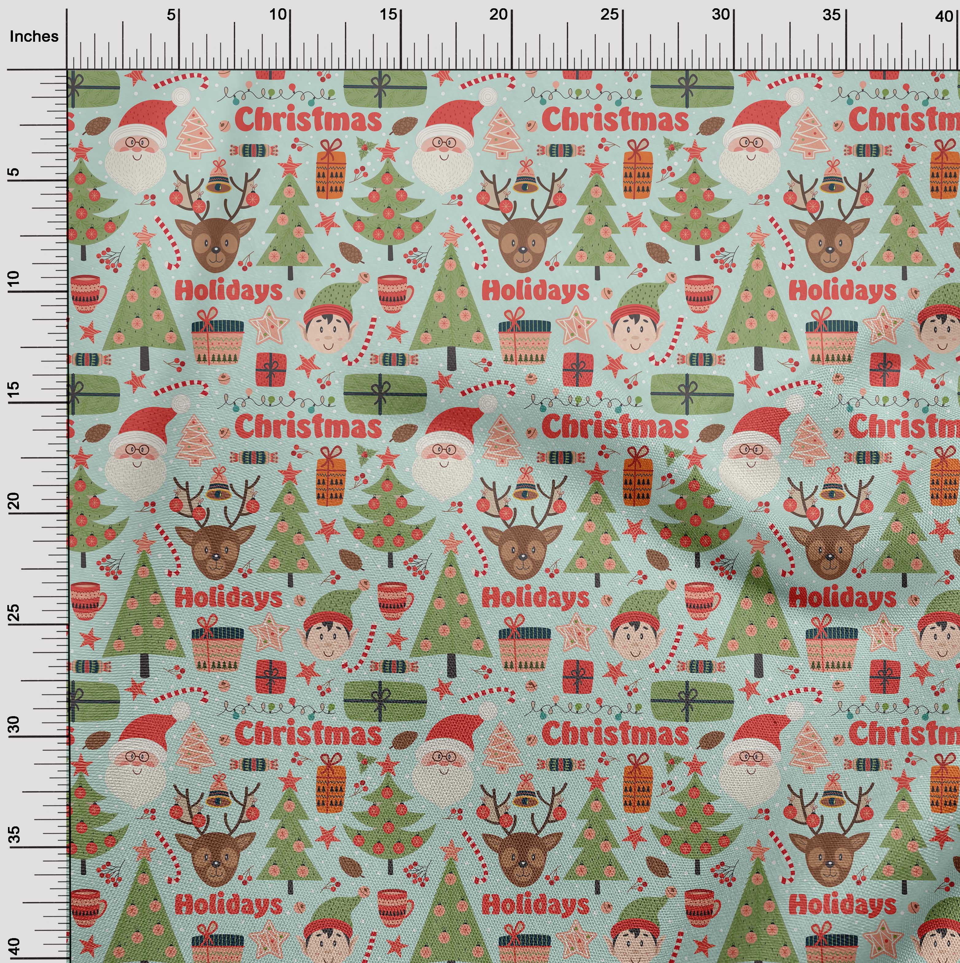 oneOone Cotton Poplin Light Mint Green Fabric Santa|Gift Box & Tree Christmas Quilting Supplies Print Sewing Fabric By The Yard 56 Inch Wide